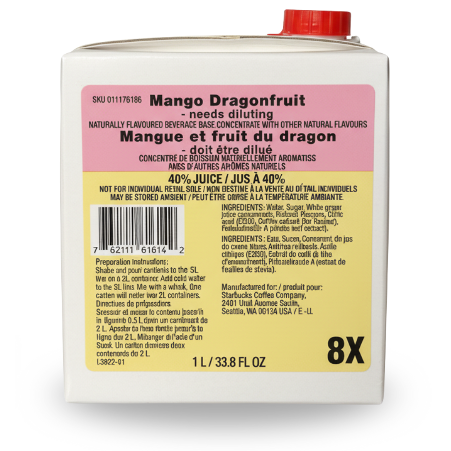 Starbucks Mango Dragonfruit Refreshers Base  1L (8X Concentrate)  Diy  Barista
