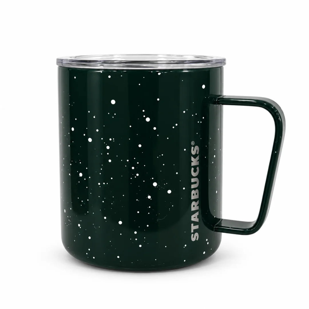 Starbucks x MiiR dark green speckled stainless steel camp mug with clear lid.