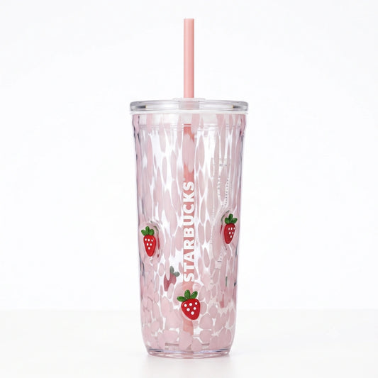 Starbucks Pink Strawberry Glass Cold Cup with Straw – 16 fl oz (473 ml)