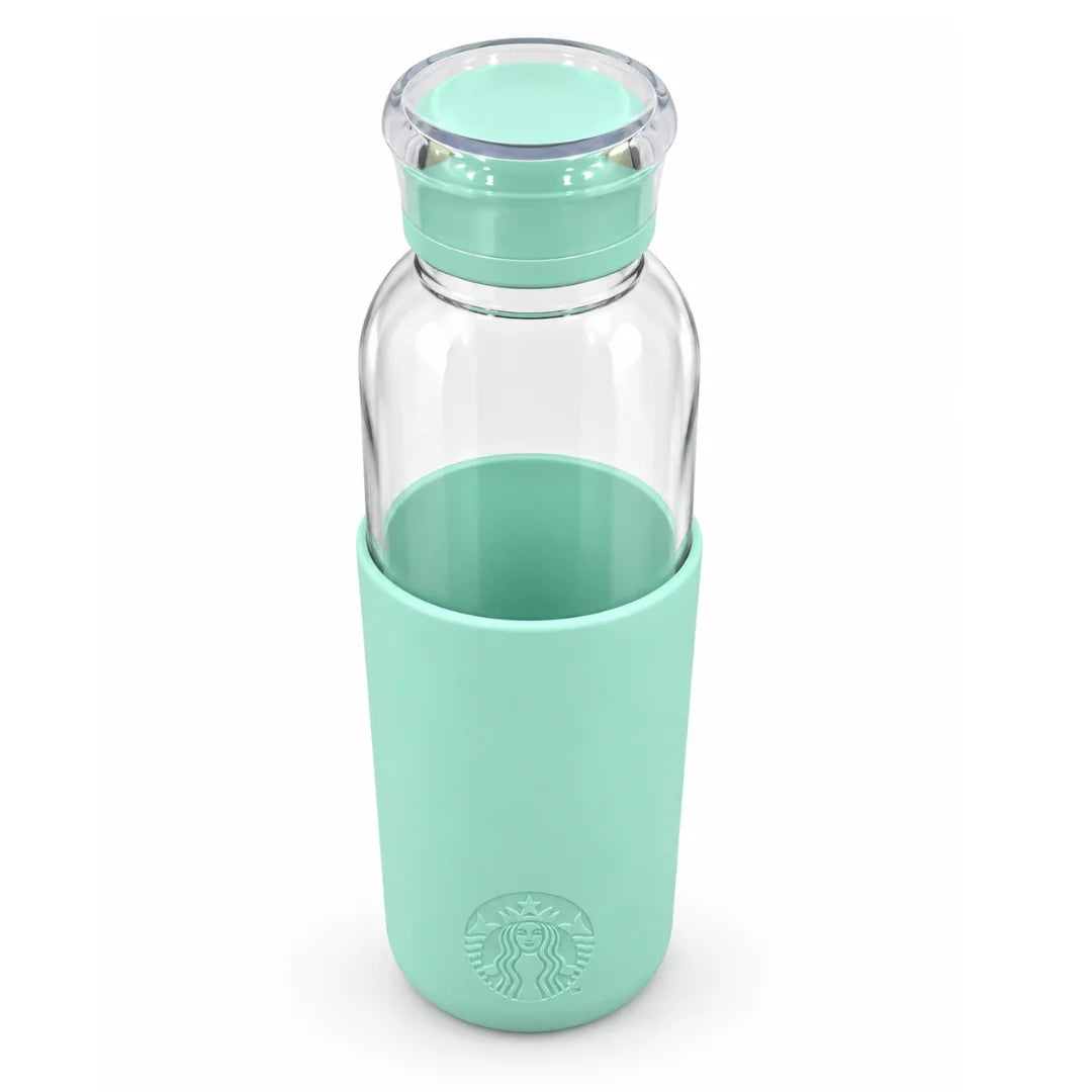 Starbucks Mint Green Glass Water Bottle with Silicone Sleeve – 24 oz