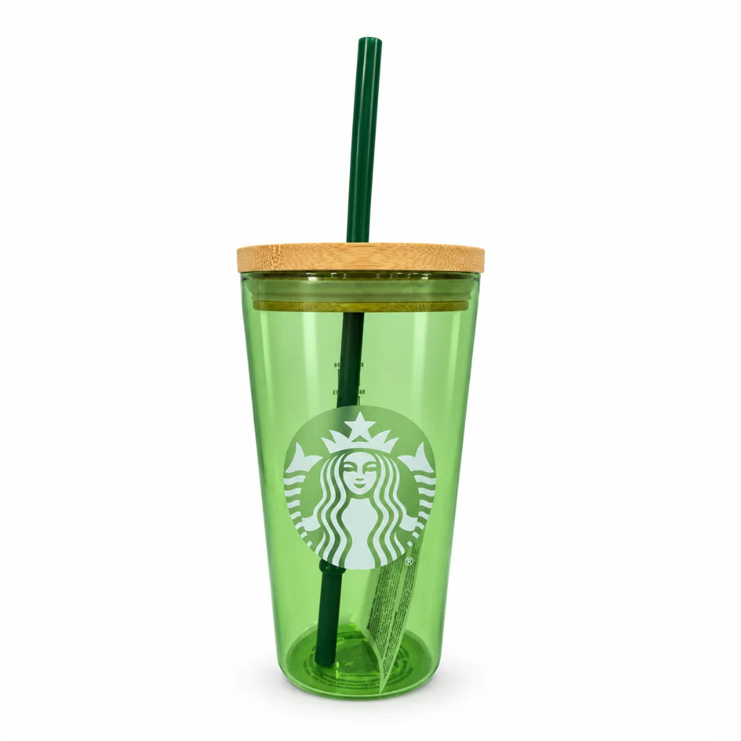 Front view of Starbucks Matcha Green glass cold cup with white Siren logo, bamboo lid and reusable straw