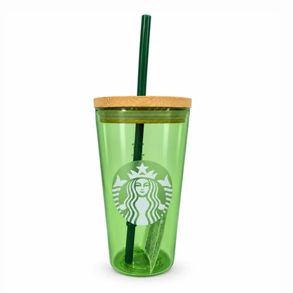 Front view of Starbucks Matcha Green glass cold cup with white Siren logo, bamboo lid and reusable straw