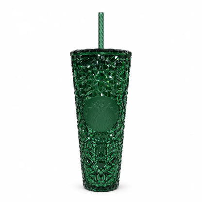 Front view of Starbucks Emerald Green jeweled 24 oz cold cup with Siren logo and reusable straw