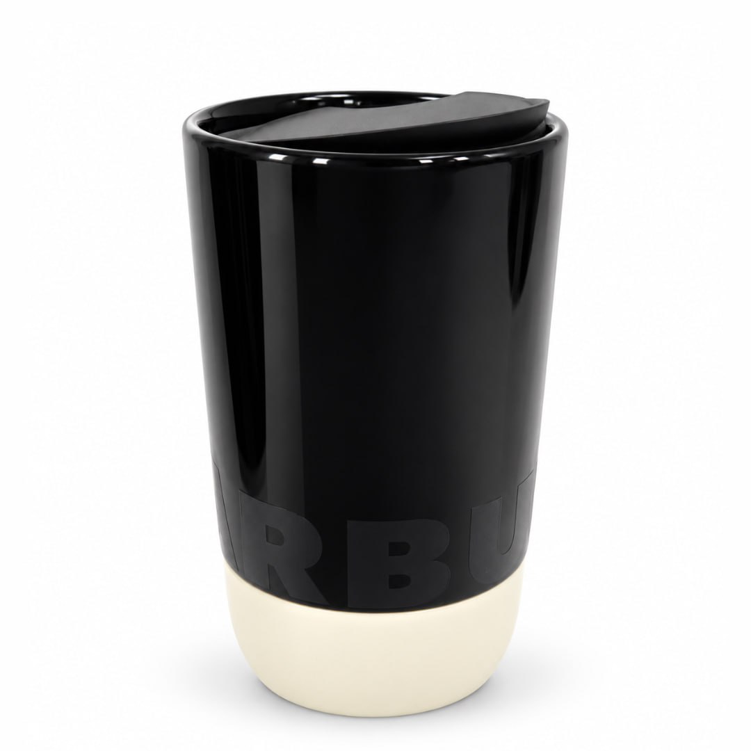 Starbucks Black Ceramic Mug Cream Silicone Base and Lid - 14 oz