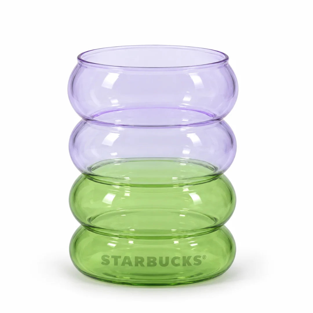 Front view of Starbucks Matcha and Lavender 12 oz Glass Rippled Cup with Starbucks logo
