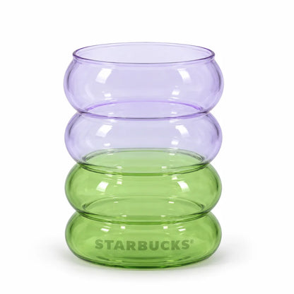 Front view of Starbucks Matcha and Lavender 12 oz Glass Rippled Cup with Starbucks logo