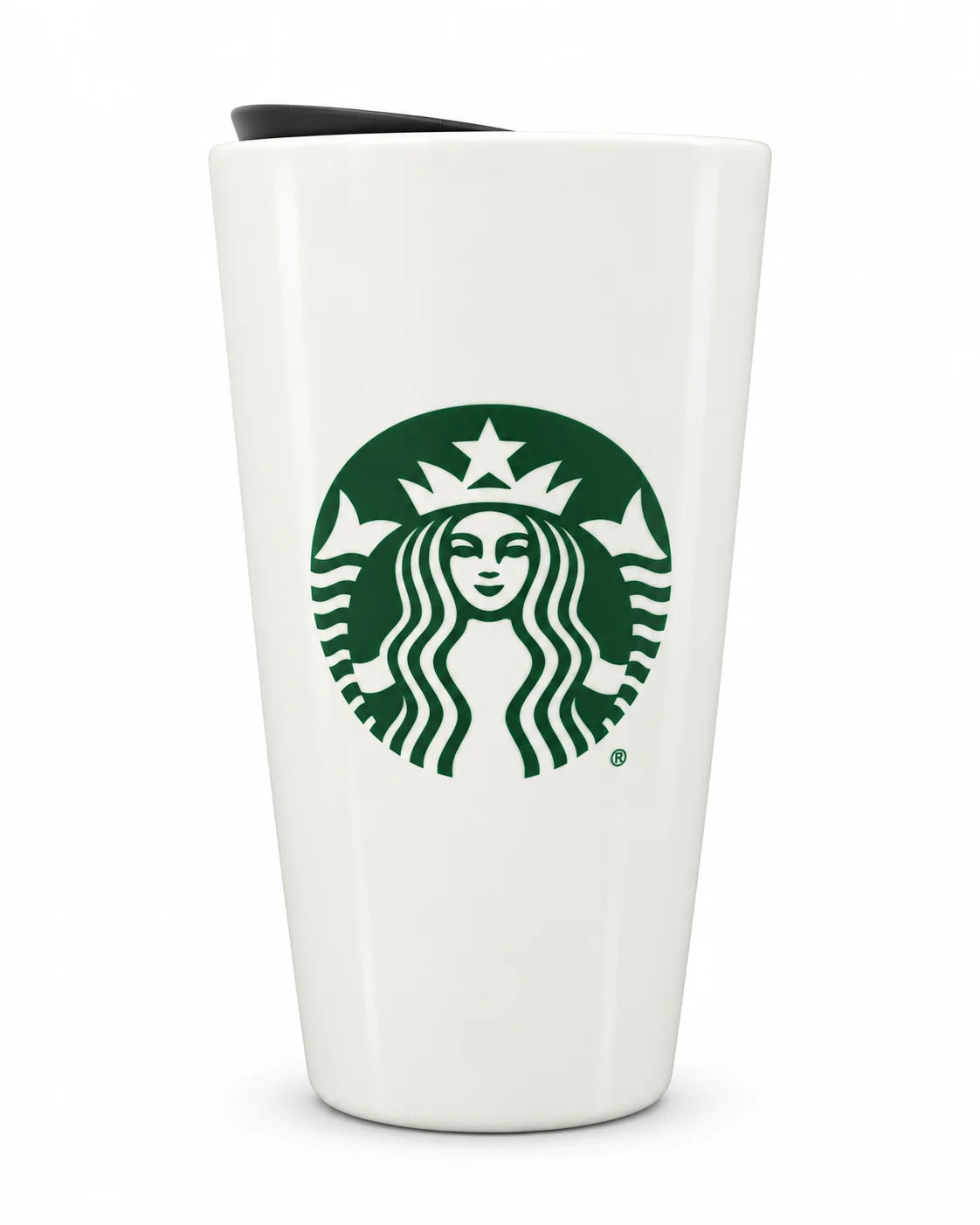 Starbucks White Ceramic Hot Mug with Turning Black Lid - 12 oz