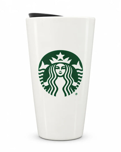 Starbucks White Ceramic Hot Mug with Turning Black Lid - 12 oz