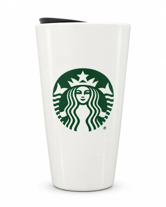 Starbucks White Ceramic Hot Mug with Black Lid - 12 oz