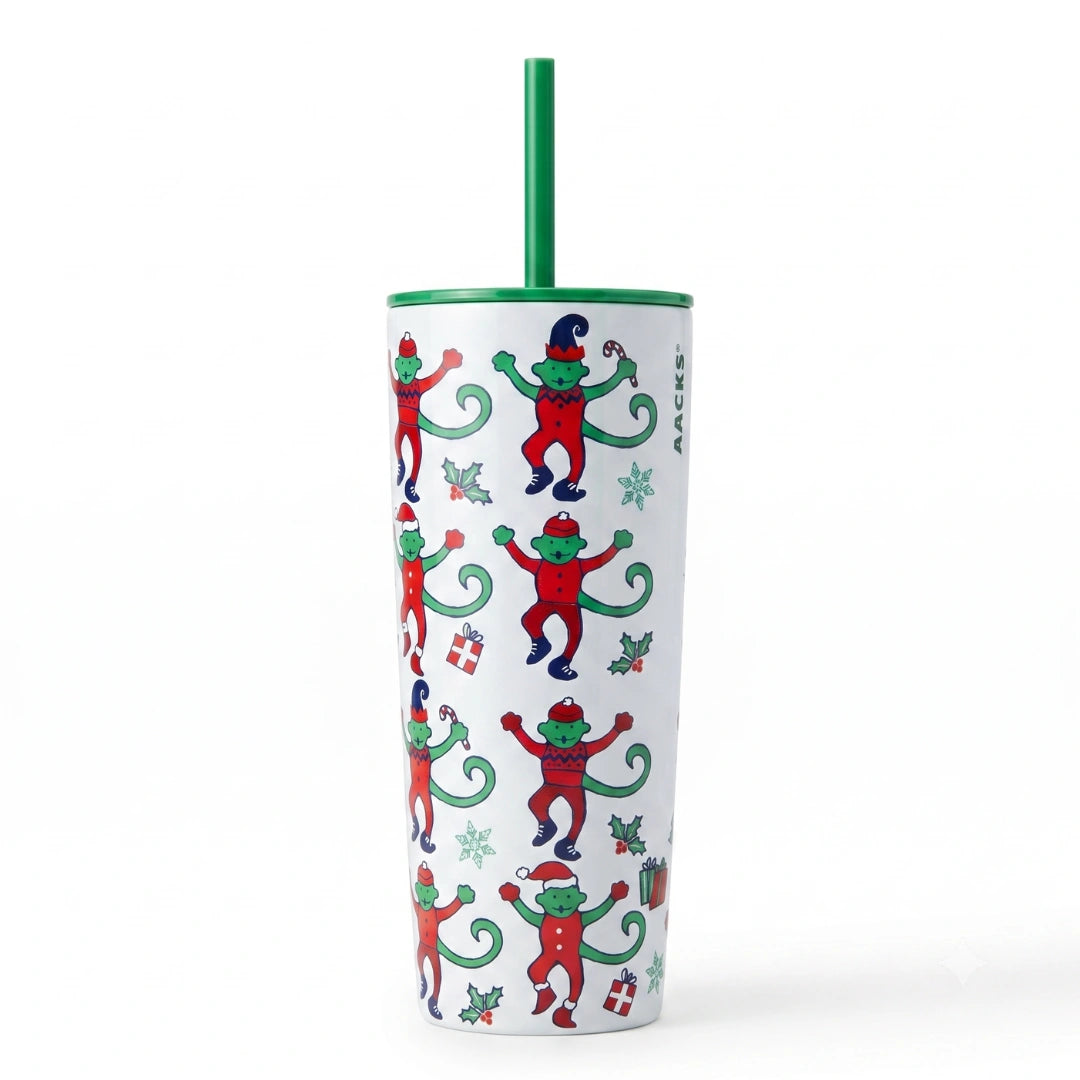 Roller Rabbit + Starbucks Monkey Mas Stainless Steel Cold Cup – 24 Oz Christmas Edition