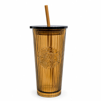Starbucks Amber Ribbed Glass Cold Cup with Lid & Straw – 16 oz