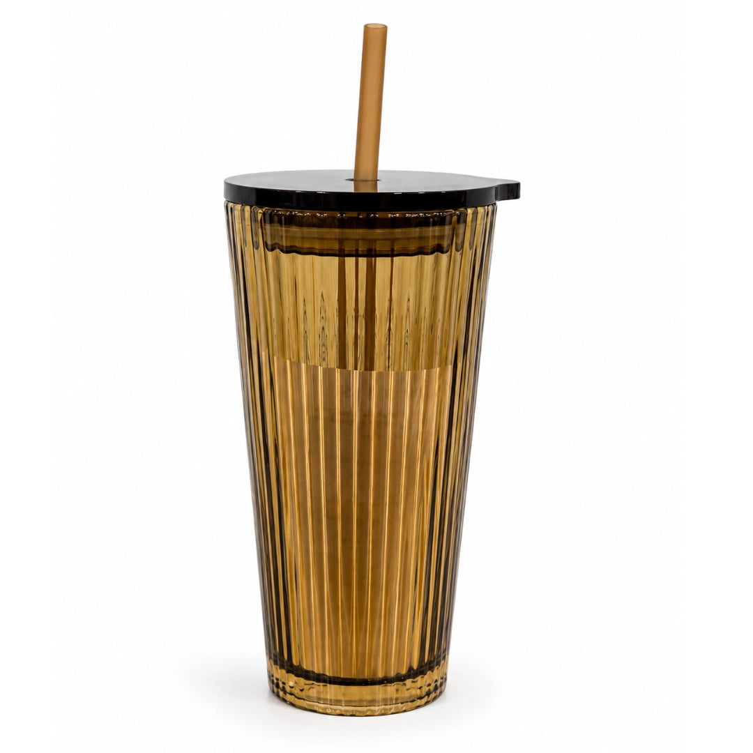 Starbucks Amber Ribbed Glass Cold Cup with Lid & Straw – 16 oz