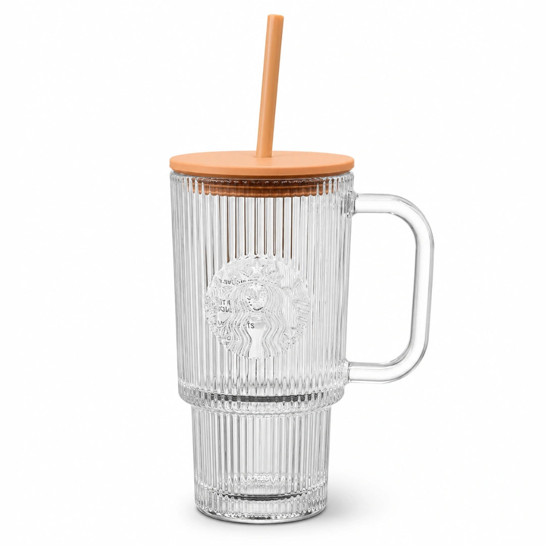 Starbucks Pumpkin Spice Latte Clear Ribbed Glass Tumbler with Handle & Straw – 22 oz