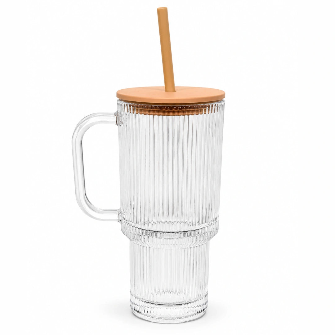 Starbucks Pumpkin Spice Latte Clear Ribbed Glass Tumbler with Handle & Straw – 22 oz