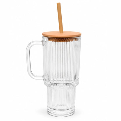 Starbucks Pumpkin Spice Latte Clear Ribbed Glass Tumbler with Handle & Straw – 22 oz