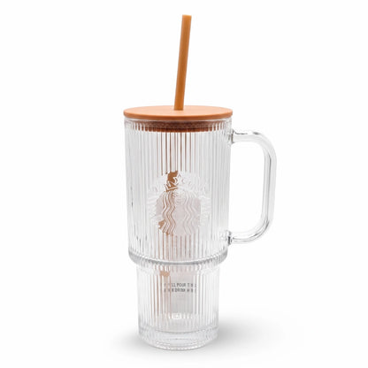 Starbucks Pumpkin Spice Latte Clear Ribbed Glass Tumbler with Handle & Straw – 22 oz