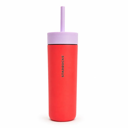 Starbucks x MiiR Pumpkin Spice Latte Coral Red Tumbler with Lavender Lid & Straw – 16 oz