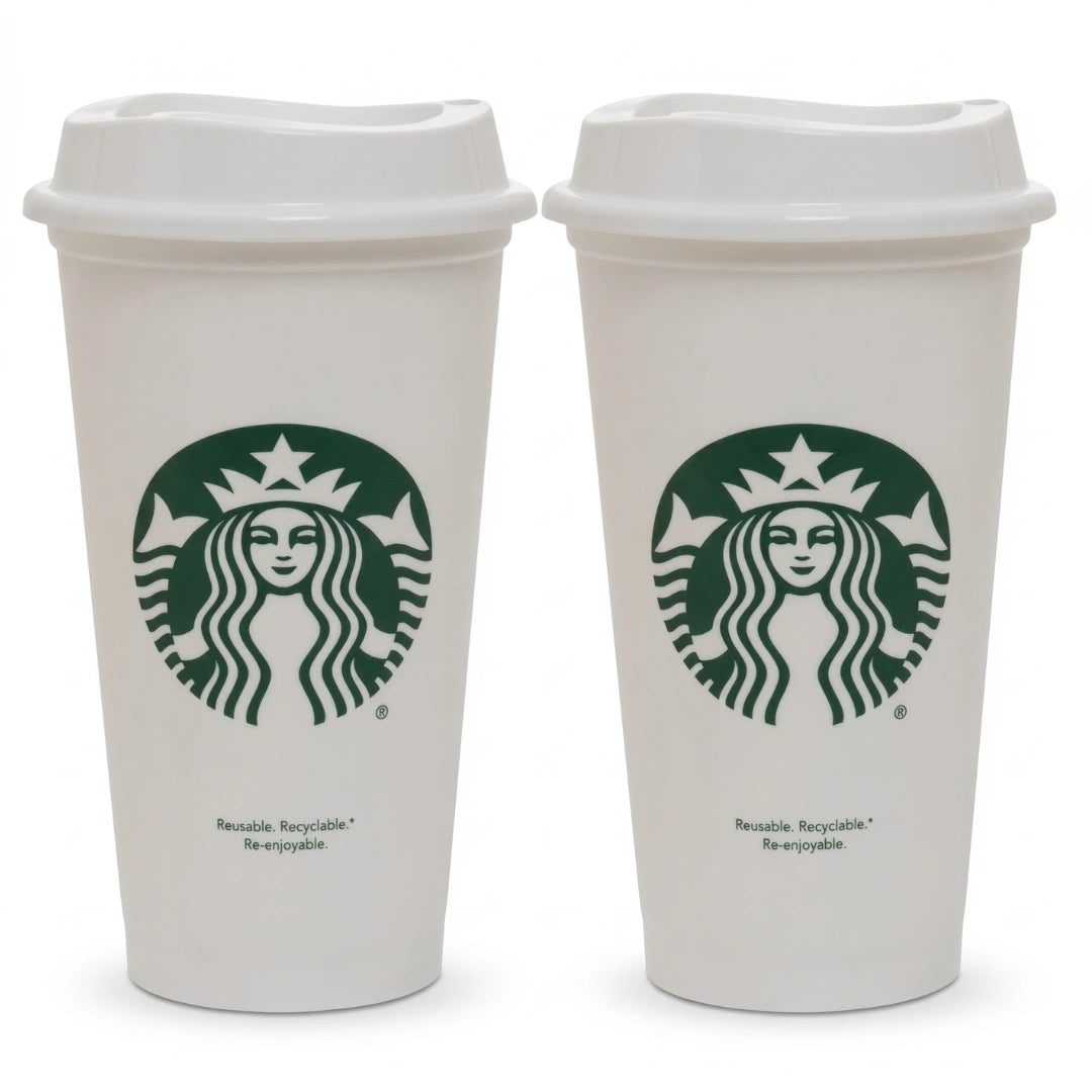 Starbucks Reusable White Coffee Cups with Lids – Set of 2 (16 fl oz Each)
