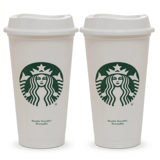Starbucks Reusable White Coffee Cups with Lids – Set of 2 (16 fl oz Each)