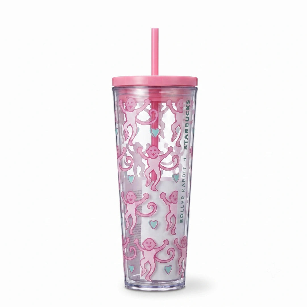 Starbucks x Roller Rabbit Pink Monkey Print Cold Cup Tumbler with Straw – 24 Oz