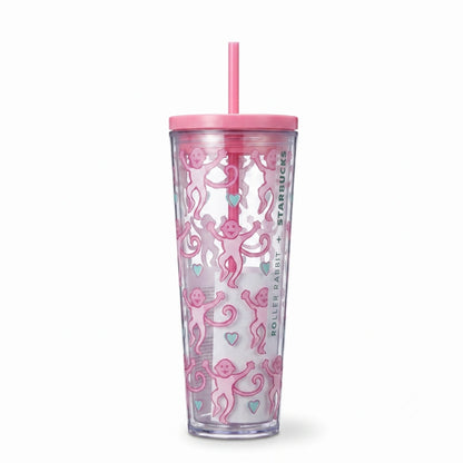 Starbucks x Roller Rabbit Pink Monkey Print Cold Cup Tumbler with Straw – 24 Oz