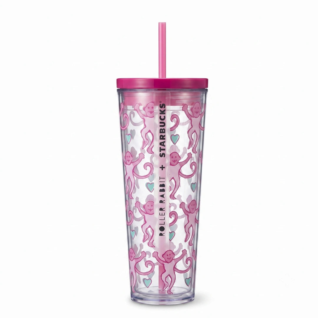 Starbucks x Roller Rabbit Pink Monkey Print Cold Cup Tumbler with Straw – 24 Oz