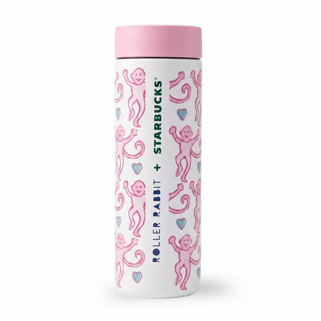 Starbucks x Roller Rabbit Pink/White Monkey Print Bottle Tumbler – 16 fl oz