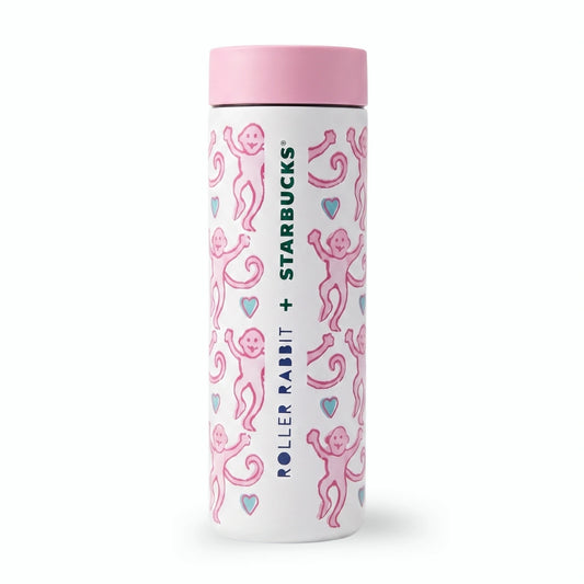 Starbucks x Roller Rabbit Pink/White Monkey Print Bottle Tumbler – 16 fl oz