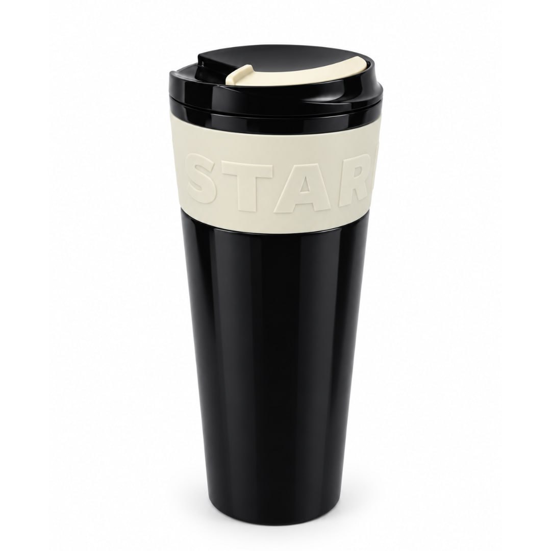 Starbucks black 16 oz stainless steel insulated tumbler with cream silicone grip and travel lid