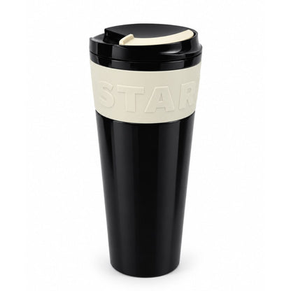 Starbucks black 16 oz stainless steel insulated tumbler with cream silicone grip and travel lid