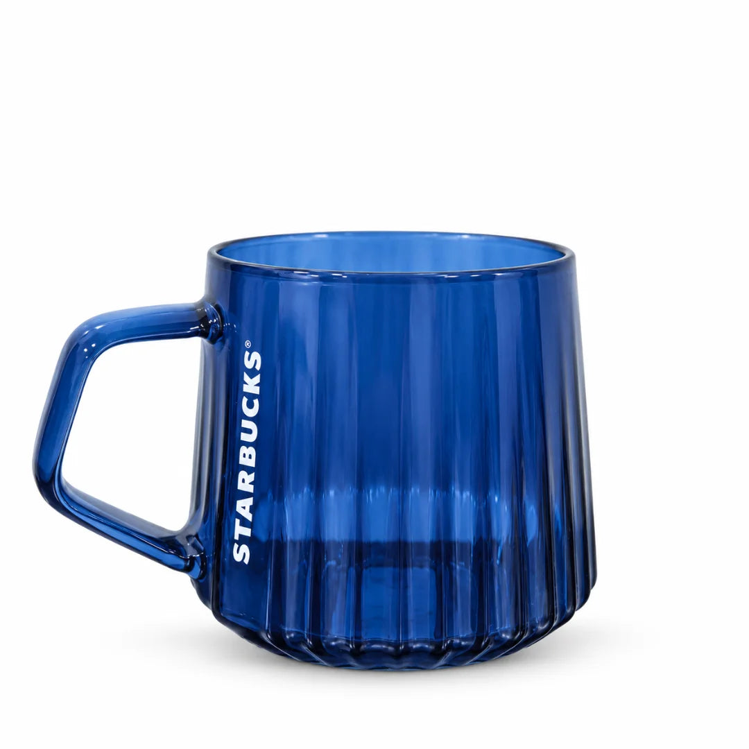 Starbucks Cobalt Blue Ribbed Glass Mug - 16 oz
