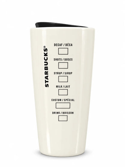 Starbucks White Ceramic Hot Mug with Turning Black Lid - 12 oz