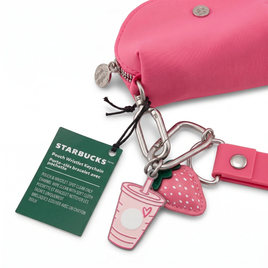 Starbucks 2026 Pink Drink Collection Wristlet Keychain Set – Coin Pouch with Strawberry Charm