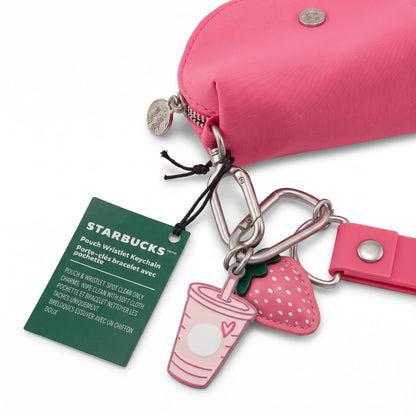 Starbucks 2026 Pink Drink Collection Wristlet Keychain Set – Coin Pouch with Strawberry Charm