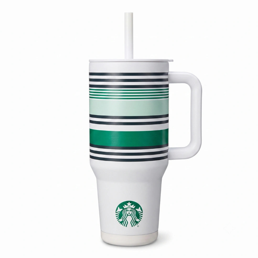Starbucks Green Stripe Travel Tumbler with Handle & Straw – White