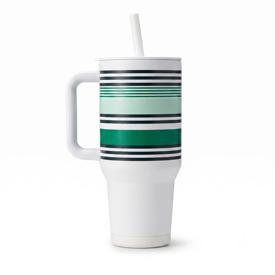 Starbucks Green Stripe Travel Tumbler with Handle & Straw – White