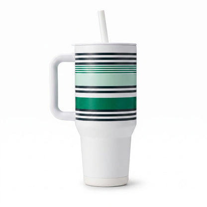 Starbucks Green Stripe Travel Tumbler with Handle & Straw – White
