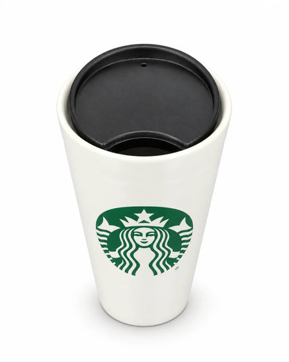 Starbucks White Ceramic Hot Mug with Turning Black Lid - 12 oz